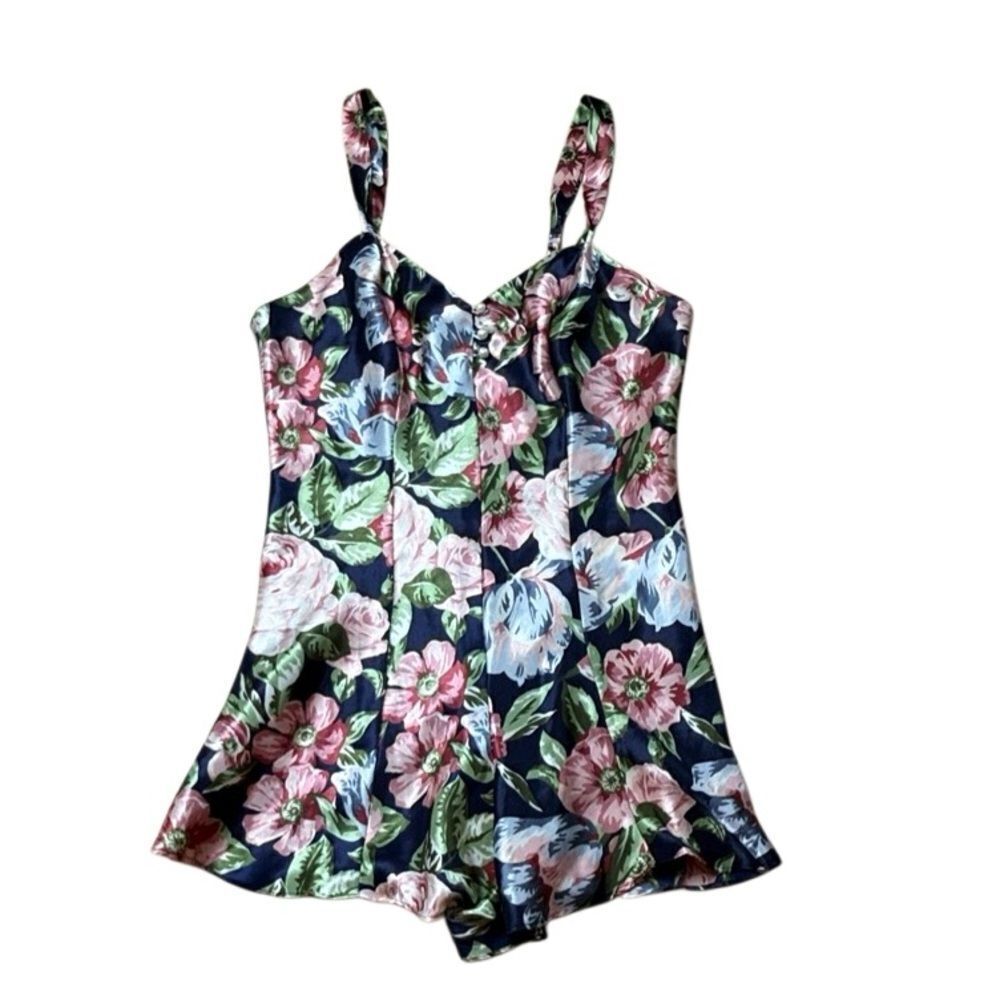 90s Vintage Cacique Floral Teddy playsuit romper blue and pink satin medium